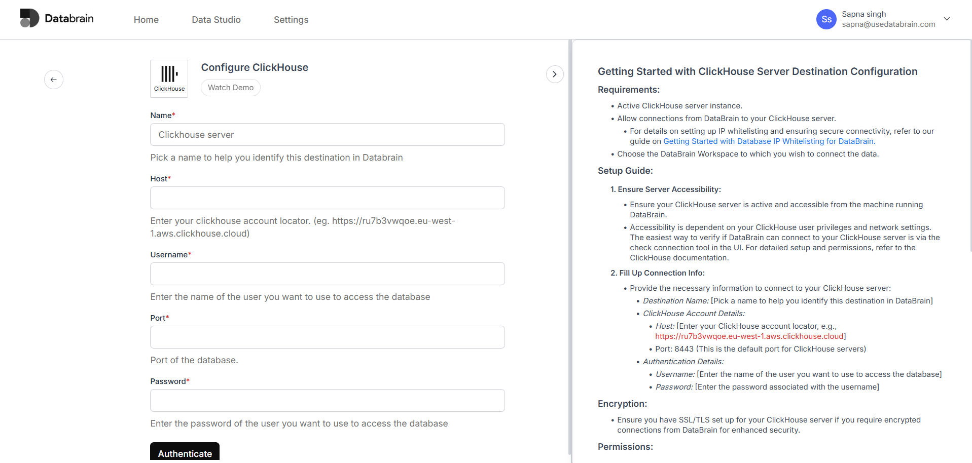 Databrain ClickHouse connection form with configuration fields