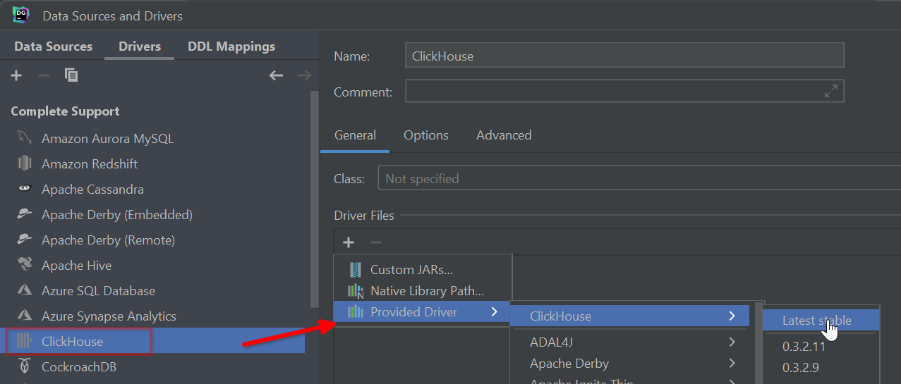Вкладка Drivers в DataGrip, показывающая установку драйвера ClickHouse