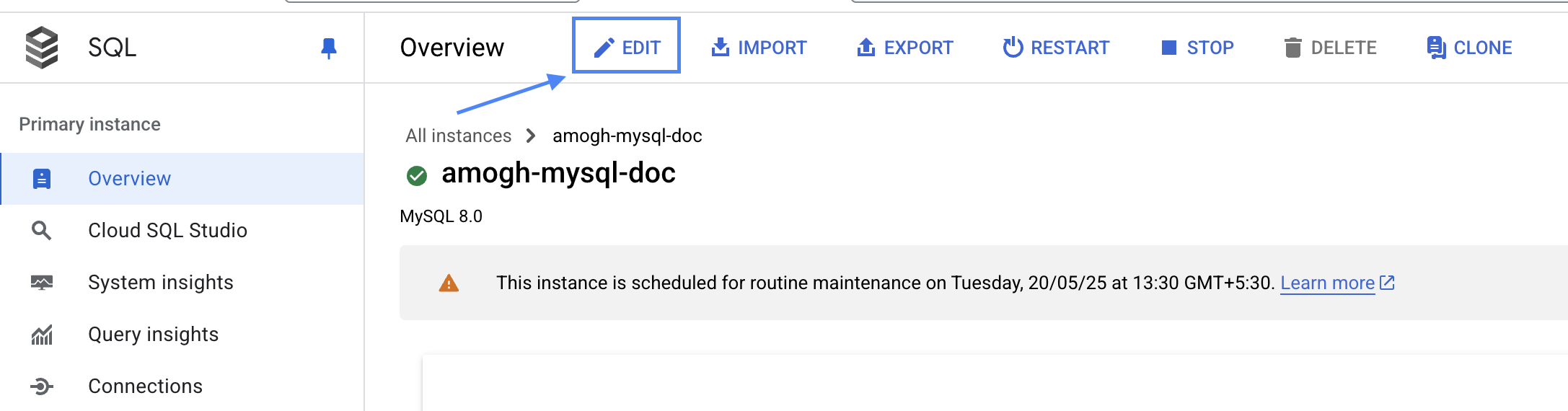 Кнопка редактирования в GCP MySQL