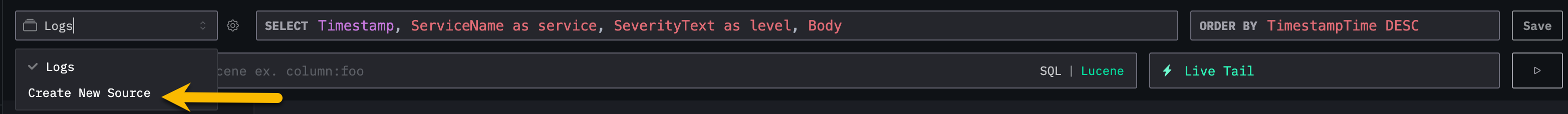 HyperDX создать новый источник