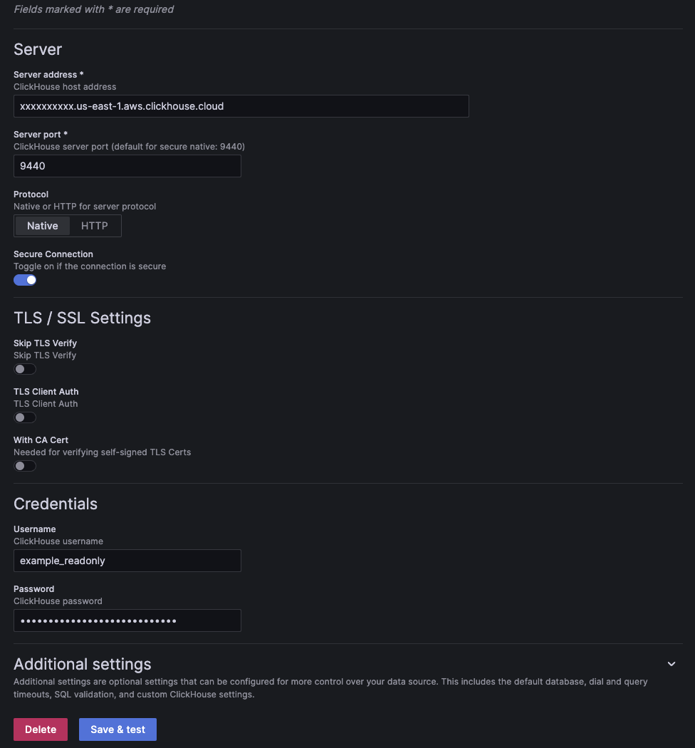 Страница конфигурации соединения