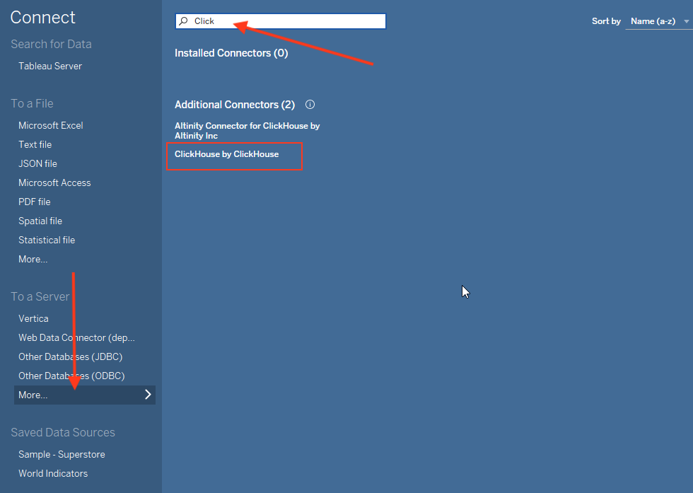 Экран подключения Tableau, показывающий меню выбора соединителя с выделенной опцией ClickHouse by ClickHouse